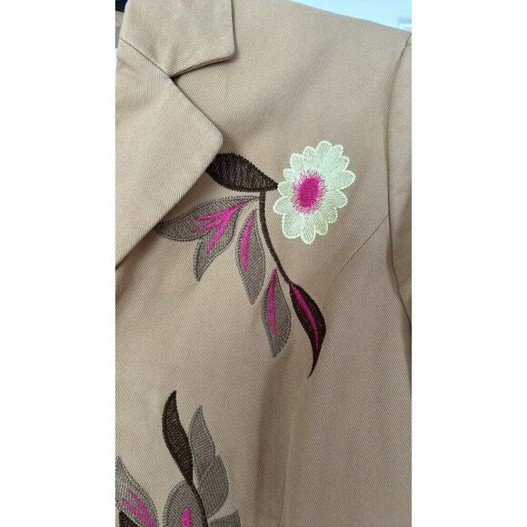 Susan Graves Long Sleeve Tan Floral Embroidered Lined Blazer Jacket Medium - Picture 4 of 7
